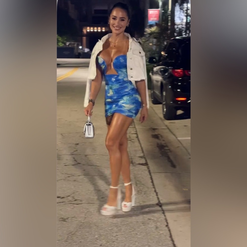 Fashion Nova Blue & Green Floral Cutout Bodycon Mini Dress